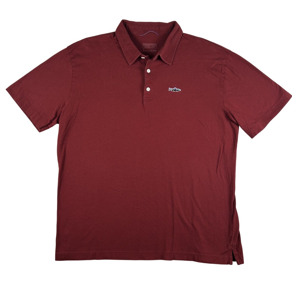 Patagonia Polo Shirt Mens Large Red Solid Fish Logo Jersey Knit Casual Top